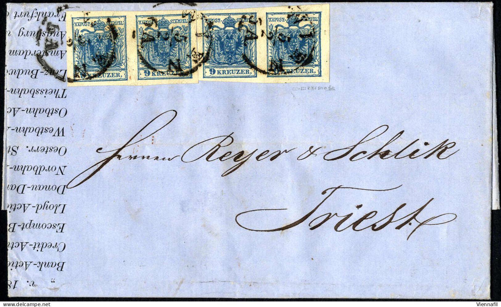Cover 1857, Börsenbericht Vom 5.2.1857 Von Wien Nach Triest, Frankiert Mit Zwei Waagrechten Paaren 9 Kr. Blau MP, Type I - Autres & Non Classés