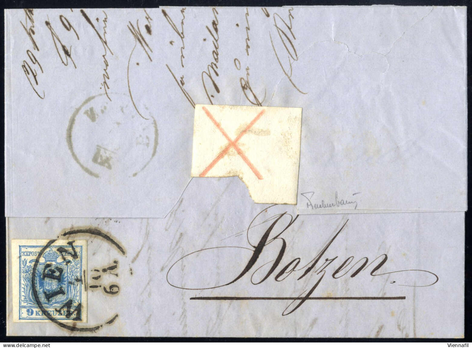 Cover 1858, Brief Von Wien Vom 4.10. Nach Botzen Frankiert Mit 9 Kr. Blau Type IIIb Maschinenpapier, Rückseitig Als Vers - Andere & Zonder Classificatie