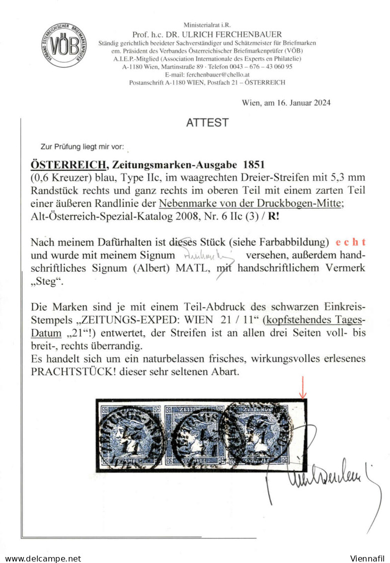 O 1851, ZEITUNGS-EXPED:WIEN 21/11 (kopfstehendes Tages-Datum "21", 3 Einkreisstempel Auf (0,6 Kreuzer) Zeitungsmarke Im  - Journaux