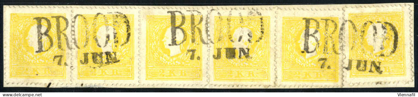 Piece 1859, BROOD 7.JUN., Drei Ideal Waagrechte L2-Stempel, Auf Mit 2 Kreuzer Im 5er-Streifen+ Einzelstück, Schwefel(chr - Other & Unclassified
