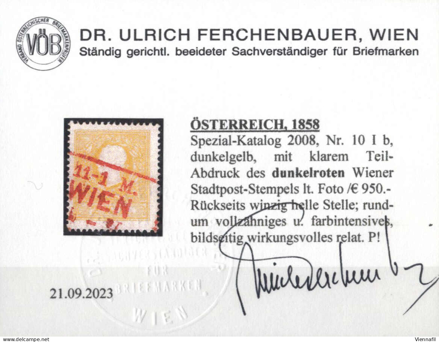 O 1858, 2 Kr. Gelb In Type I, Mit Dunkelrotem Teilstempel Von "WIEN...", Befund Dr. Ferchenbauer, Fe. 10 Ib - Other & Unclassified