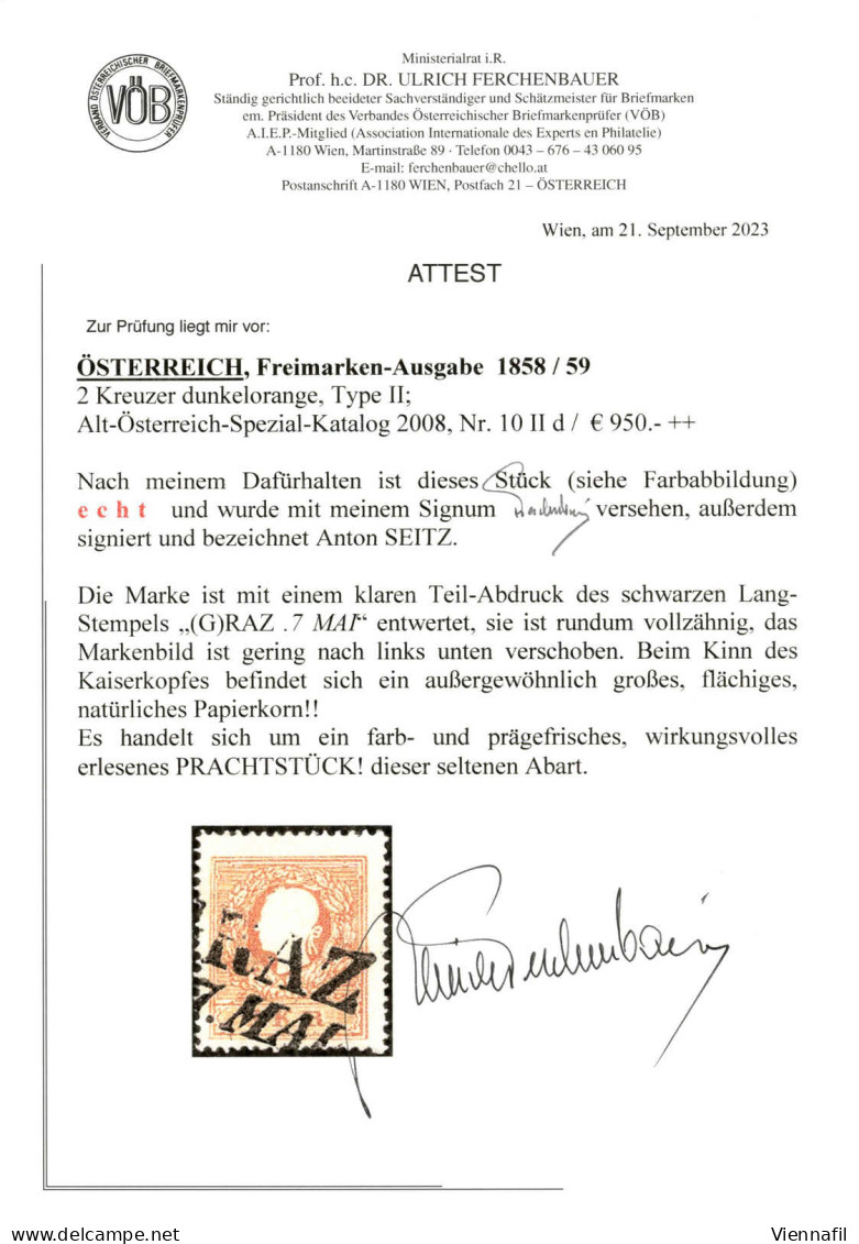O 1859, 2 Kr. Dunkelorange In Type II, Mit Teilstempel "GRAZ...", Signiert Seitz, Attest Dr. Ferchenbauer, Erlesenes PRA - Sonstige & Ohne Zuordnung