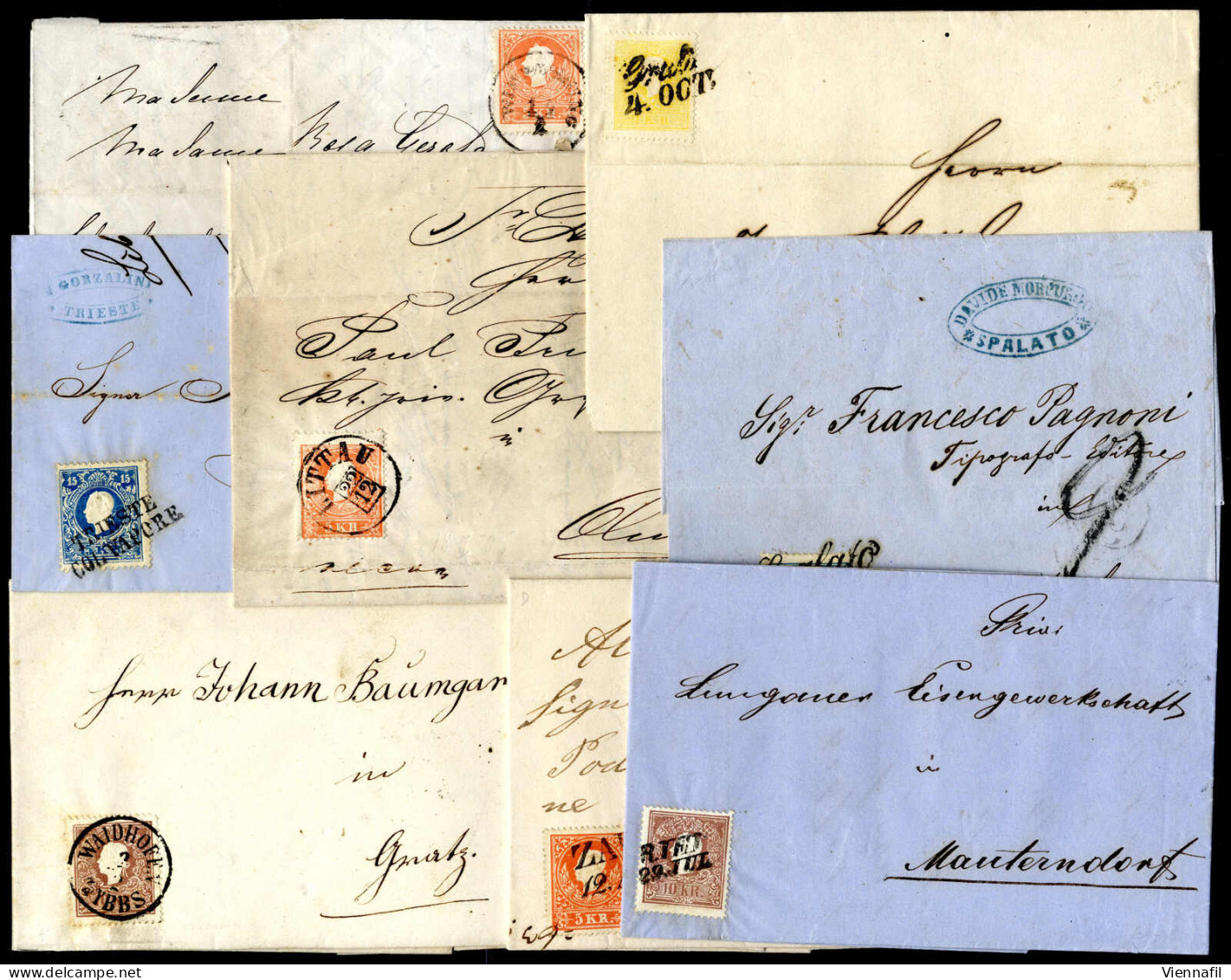 Cover 1859/60, 8 Briefe Frankiert Einer Mit 2 Kr. Drei Mit 5 Kr. (einer Eingeschrieben), Je Zwei Mit 10 Und 15 Kr., Alle - Andere & Zonder Classificatie