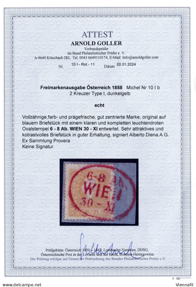 Piece WIEN 30-XI...., Roter Ovalstempel Auf Mit 2 Kreuzer Ty. I Frankiertem Briefstück, Ex Provera, Signiert Diana A.G., - Andere & Zonder Classificatie