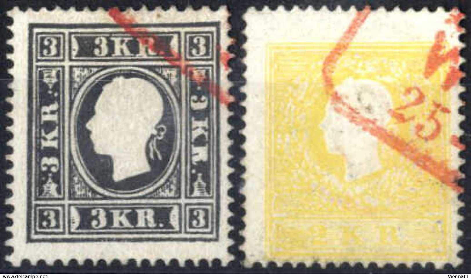 O 1858, 2 Kr. Gelb Und 3 Kr. Schwarz In Type I, Je Mit Rotem Teilstempel, Befund Dr. Ferchenbauer, Fe. 10Ia + 11Ib - Autres & Non Classés