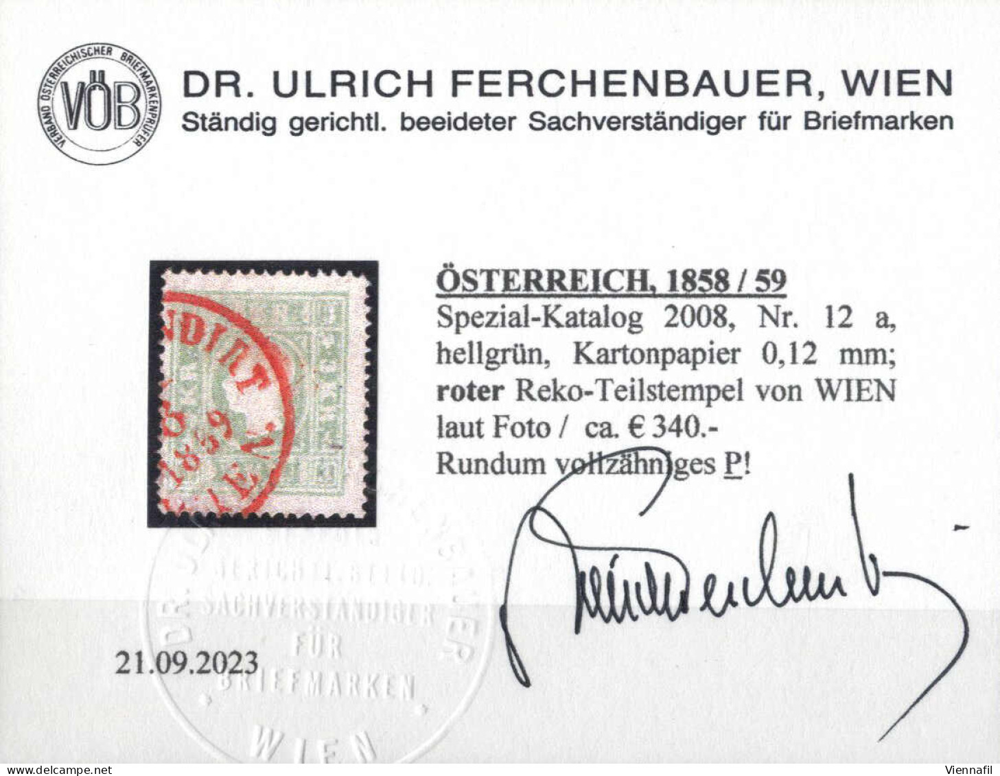 O 1858/59, 3 Kr. Hellgrün Auf Kartonpapier 0,12 Mm, Mit Rotem Reko-Teilstempel Von "WIEN...", Befund Dr. Ferchenbauer, F - Autres & Non Classés