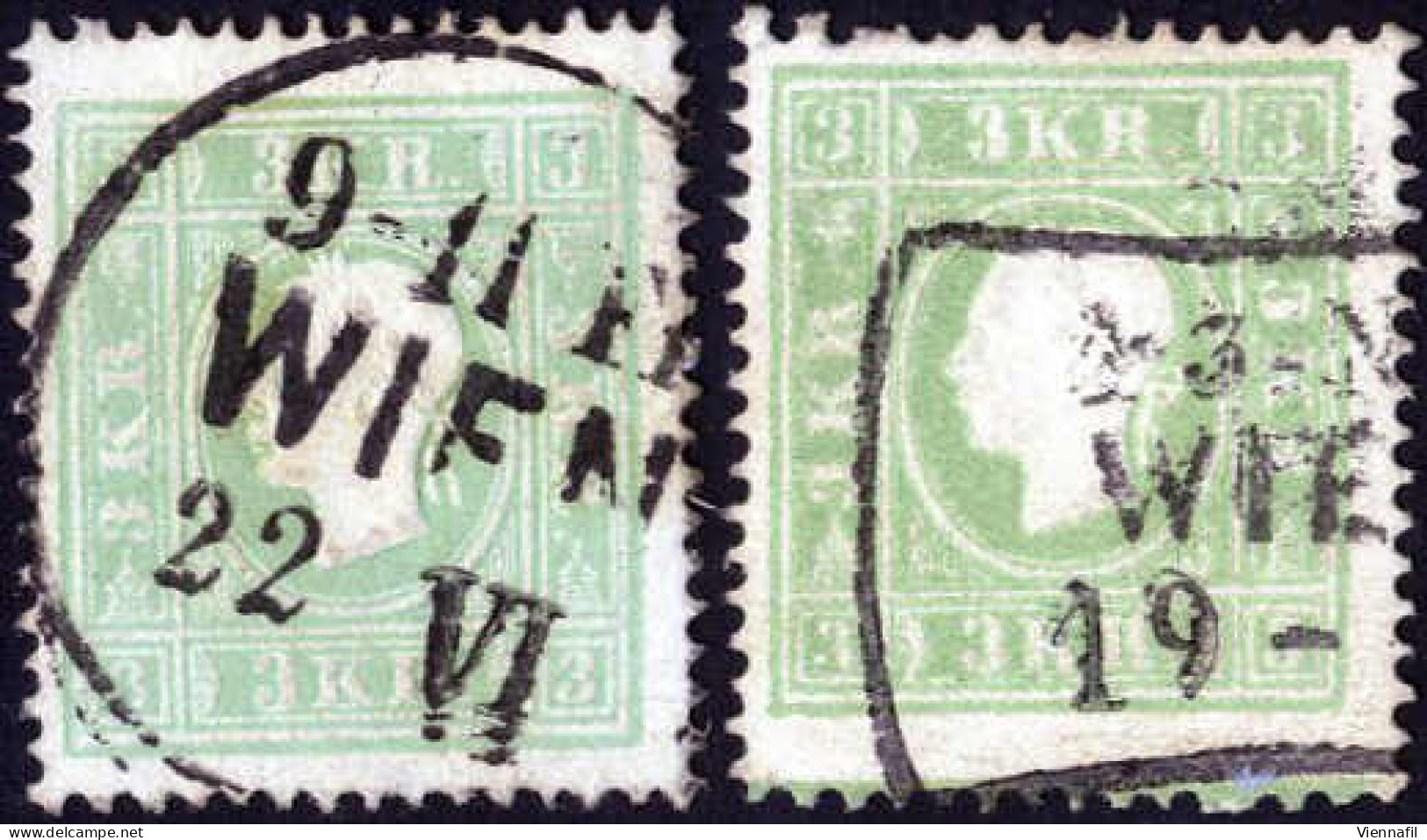 O 1859, Kaiserkopf Nach Links, 3 Kr. Grün Type II, Zwei Werte Auf Kartonpapier (0,12 Bzw. 0,14 Mm) Andreaskreuzansatz Un - Andere & Zonder Classificatie