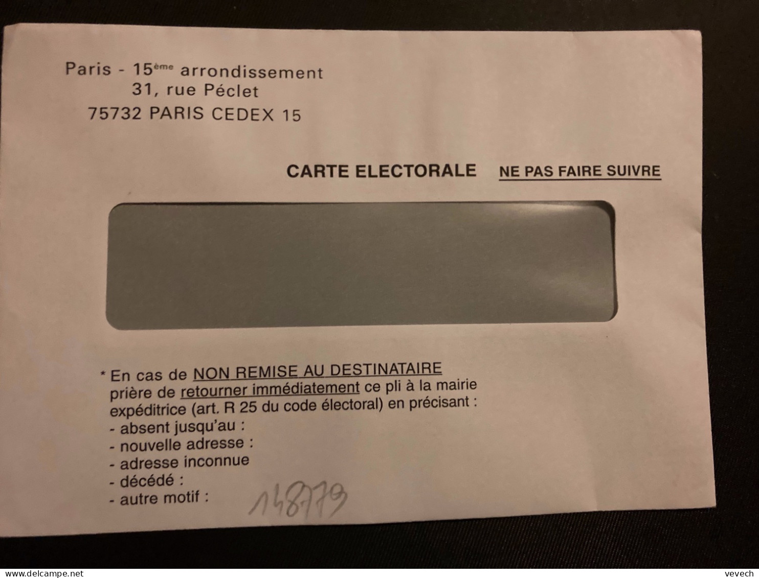 LETTRE CARTE ELECTORALE PARIS 15ème ARRONDISSEMENT - Posttarife