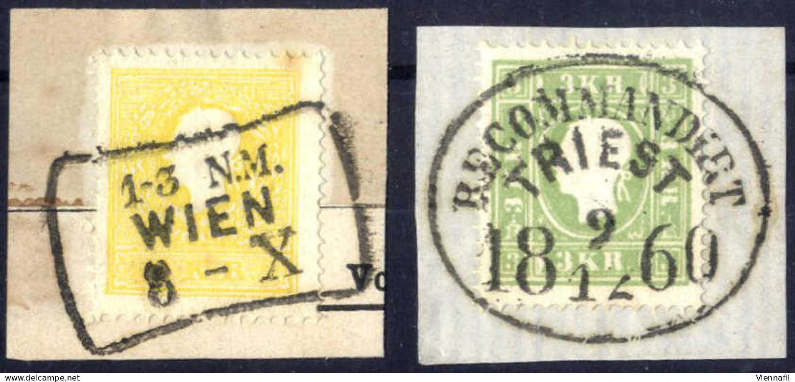 Piece 1859/60, 2 Briefstücke Mit 2 Kr. Gelb Type II Entwertet Mit Wien N.M. Und 3 Kr. Grün Type II Entwertet Mit "Recomm - Autres & Non Classés