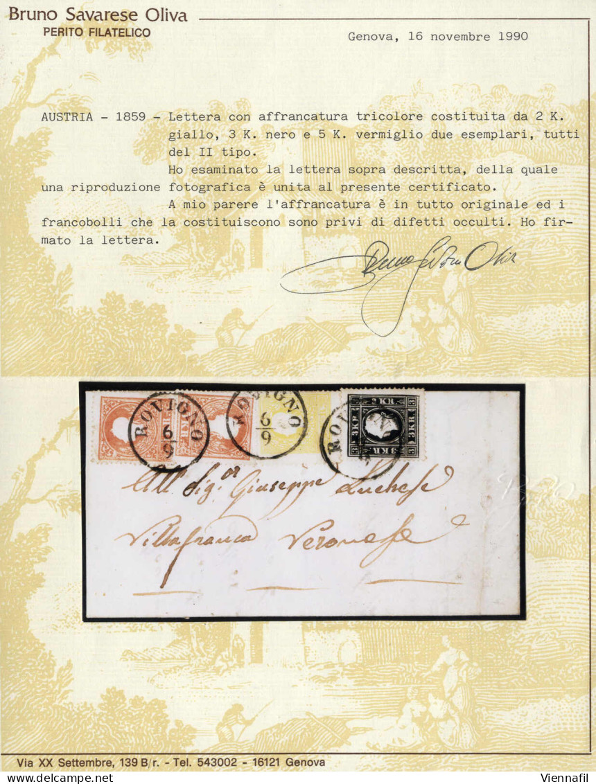Cover 1860, Brief Von Rovigno Am 6.9. Nach Villafranca Veronese, Frankiert Mit Dreifarben 2 Kr. Gelb, 3 Kr. Schwarz Und  - Other & Unclassified