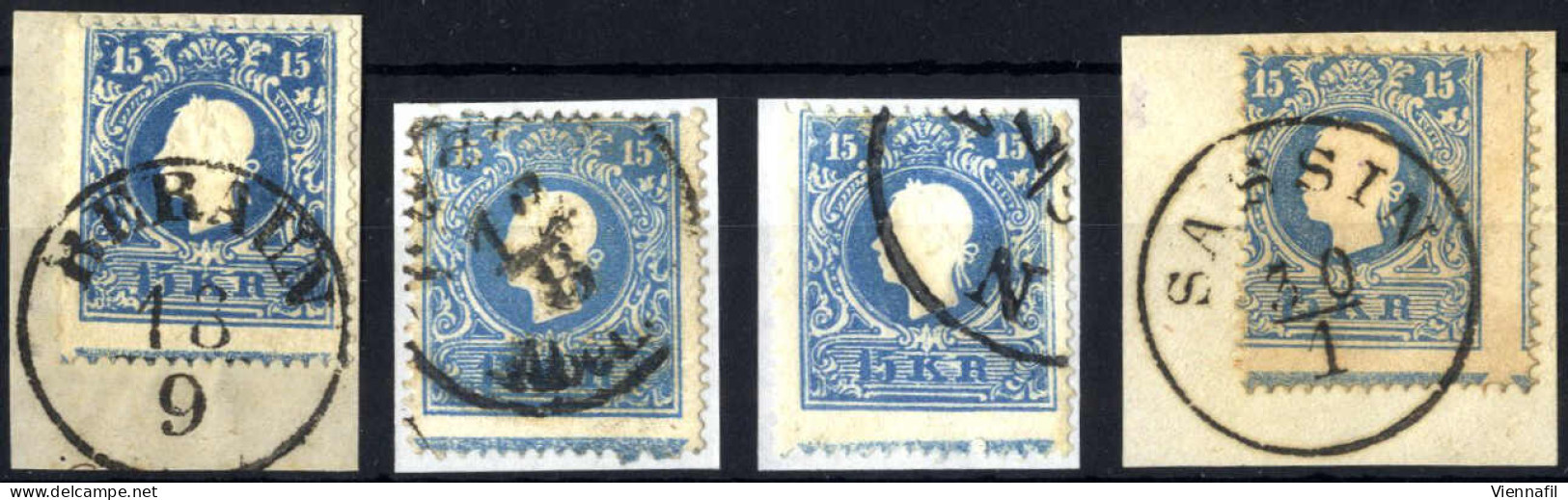 O/piece 1859, Kaiserkopf Nach Links, 15 Kr. Blau In Type II, Vier Werte, Zwei Davon Auf Briefstück, Alle Gestempelt Und  - Altri & Non Classificati