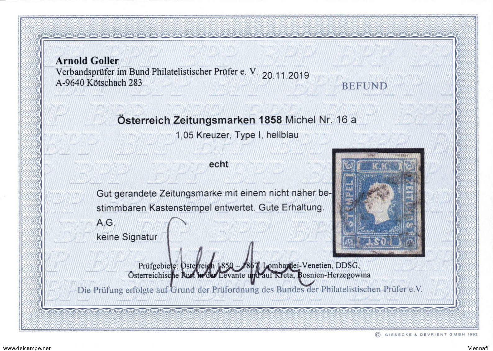 O 1859, 1,05 Kreuzer Hellblau, Gut Gerandet, Gestempelt, Befund Goller, Kat. 16 A / 850,- - Giornali