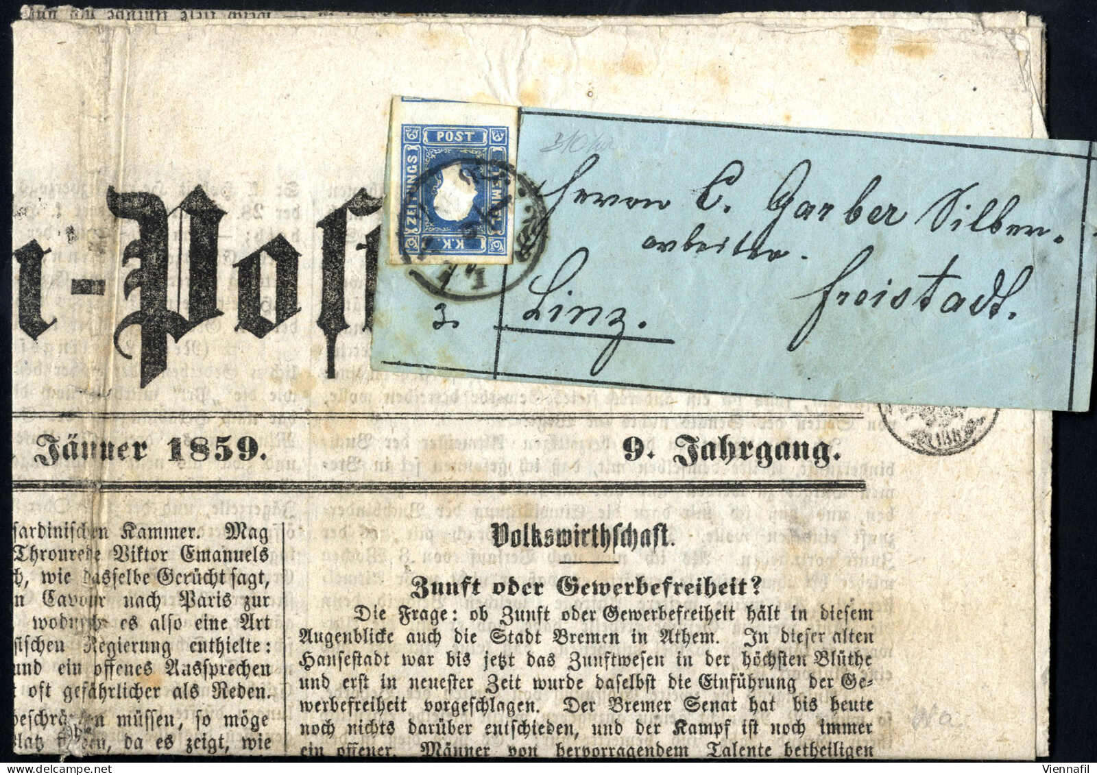 Cover 1859, LINZ, Einkreisstempel Auf Breitrandiger 1,05 Kreuzer Blau, Zeitung, Befund Oliva, Kat. 16 A / 1600,- - Dagbladen