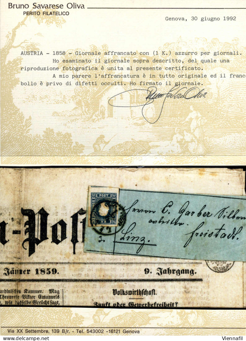 Cover 1859, LINZ, Einkreisstempel Auf Breitrandiger 1,05 Kreuzer Blau, Zeitung, Befund Oliva, Kat. 16 A / 1600,- - Zeitungsmarken