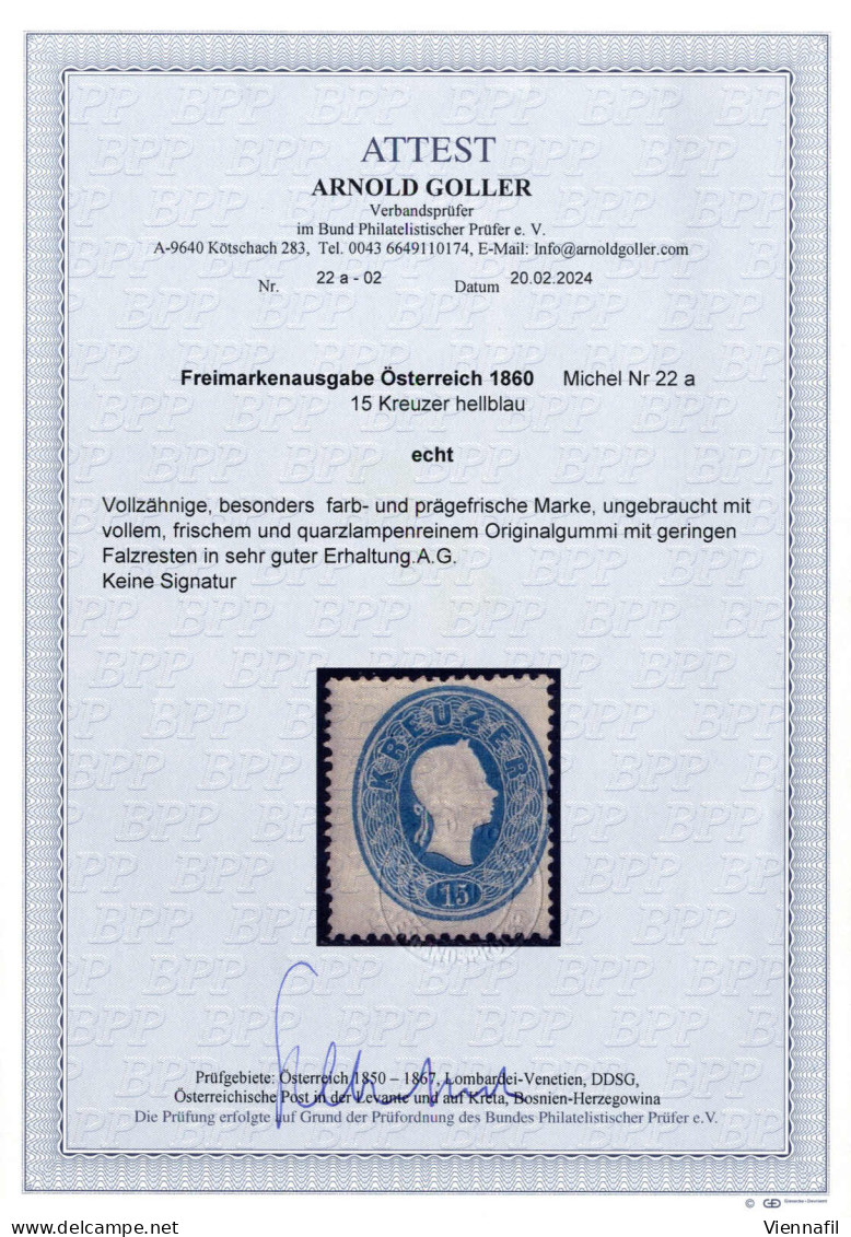 * 1860, 15 Kreuzer Besonders Farb- Und Prägefrisches Prachtstück Mit Sehr Frischem Originalgummi, Neues Fotoattest Arnol - Sonstige & Ohne Zuordnung