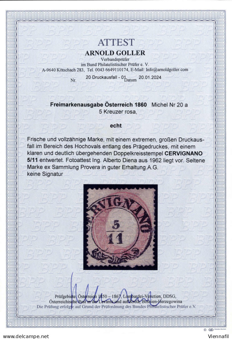 O 1860, CERVIGNANO 5/11, Doppelkreisstempel Auf 5 Kr. Rosa, Ex Provera, Attest Diena Und Goller, Kat. Nr. 5 IIc - Other & Unclassified