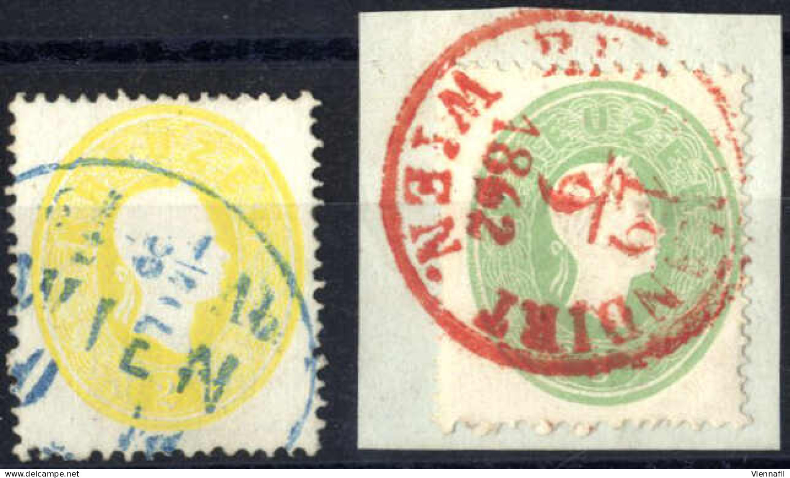 O/piece 1861, 2 Kr. Hellgelb Mit Blauem Teilstempel Von "WIEN.." (oval) Und 3 Kr. Hellgrün Auf Briefstück, Mit Rotem Ein - Other & Unclassified