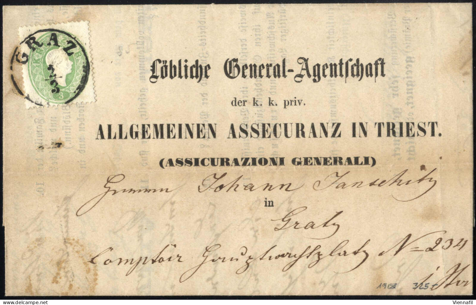 Cover 1862/65, Vier Briefe, Eine Ortsdrucksache Von Graz Am 2.3.1862 Mit 3 Kr. Grün (III Ausgabe), Dazu 3 Briefe Mit V.  - Other & Unclassified