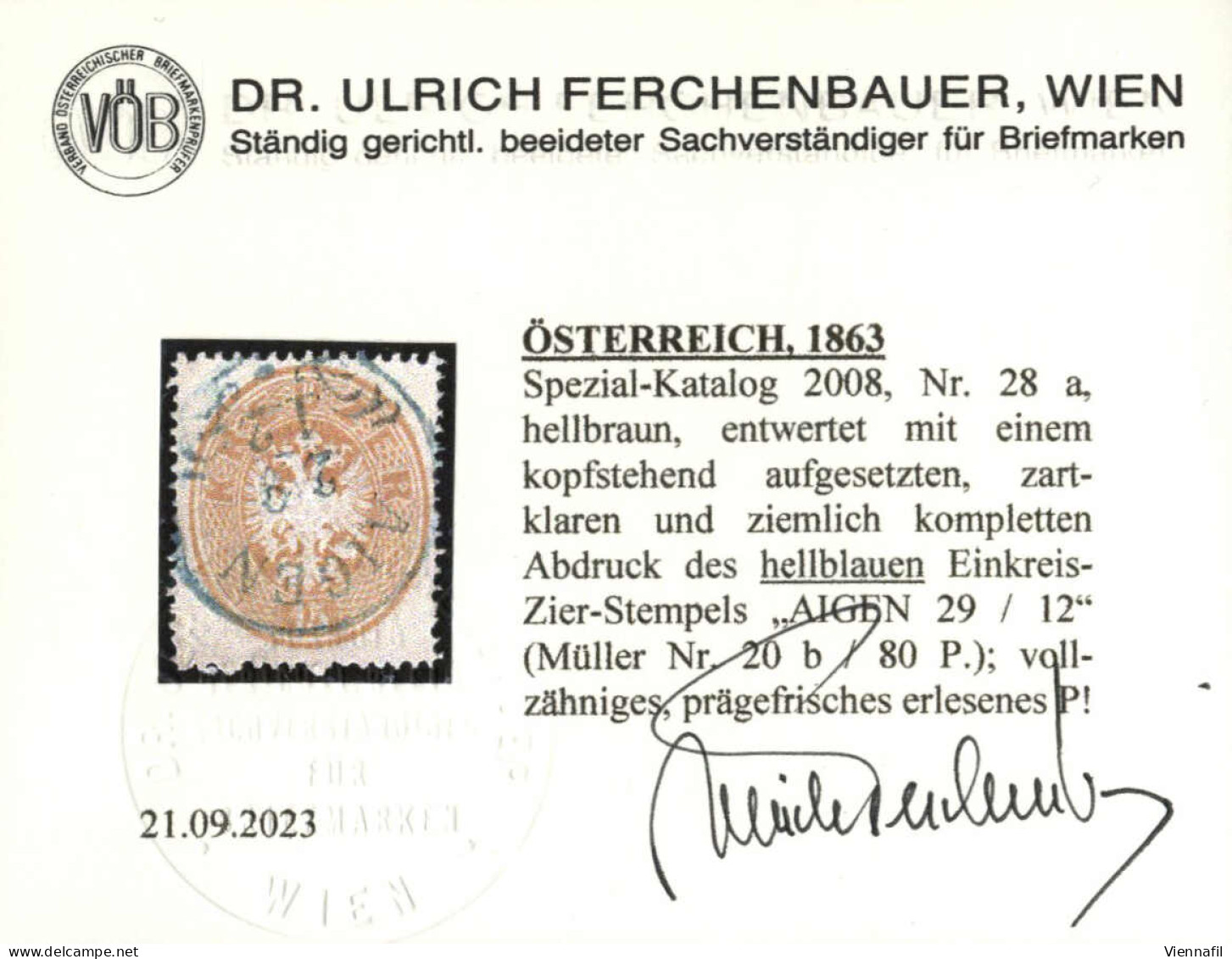 O/piece 1863, 2+3+5+10 Und 15 Kr., Je Mit Blauem Abschlag, (10 Und 15 Kr. Auf Bfst.), Alle Mit Befund Dr. Ferchenbauer,  - Autres & Non Classés