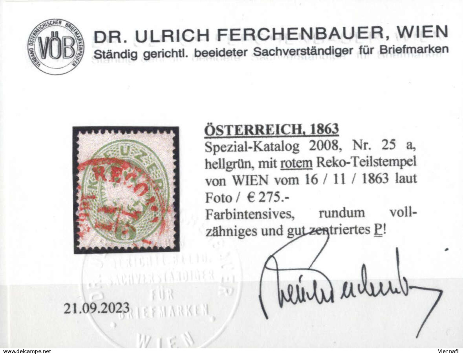O 1863, 3 Kr. Hellgrün, 2 Stücke, Je Mit Rotem Reko-Teilstempel Von Wien, Jeweils Mit Befund Dr. Ferchenbauer, Fe. 25a - Autres & Non Classés