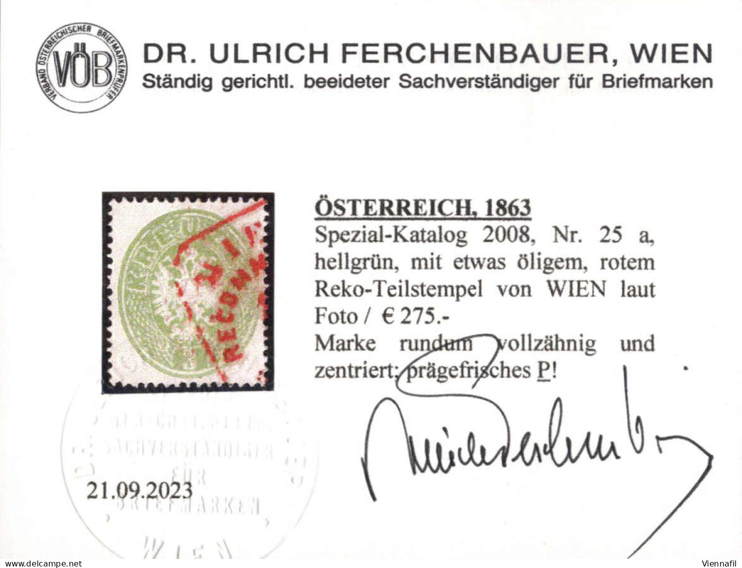 O 1863, 3 Kr. Hellgrün, 2 Stücke, Je Mit Rotem Reko-Teilstempel Von Wien, Jeweils Mit Befund Dr. Ferchenbauer, Fe. 25a - Sonstige & Ohne Zuordnung