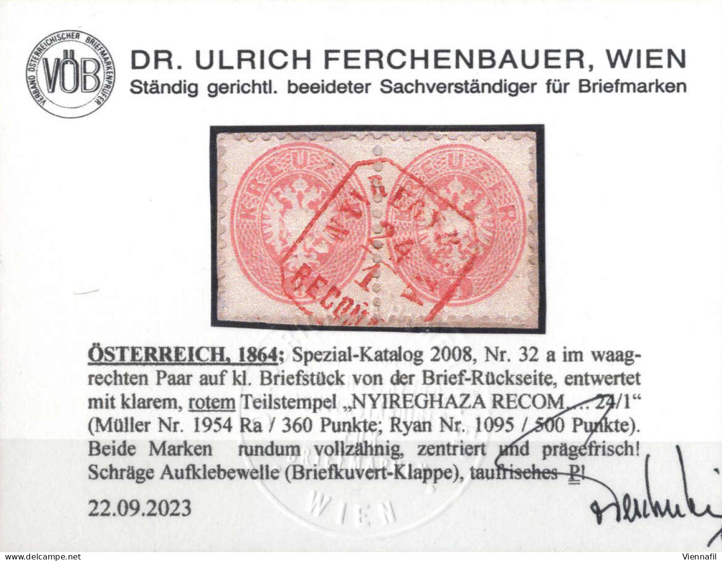 Piece 1864, 5 Kr. Im Waagrechten Paar Auf Briefstück, Mit Rotem Reko-Teilstempel "NYIREGHAZA RECOM...", 360 Müllerpunkte - Sonstige & Ohne Zuordnung