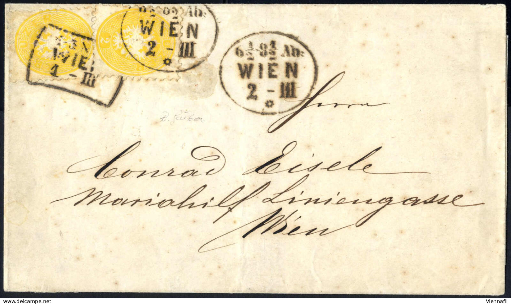 Cover 1864, Ortsbrief Von Wien Am 1.3. Nach Wien Frankiert Mit 2 Kr. Gelb Gez. 9½ Und Da 2. Gewichtstufe Am 2.3. Mit 2 K - Sonstige & Ohne Zuordnung