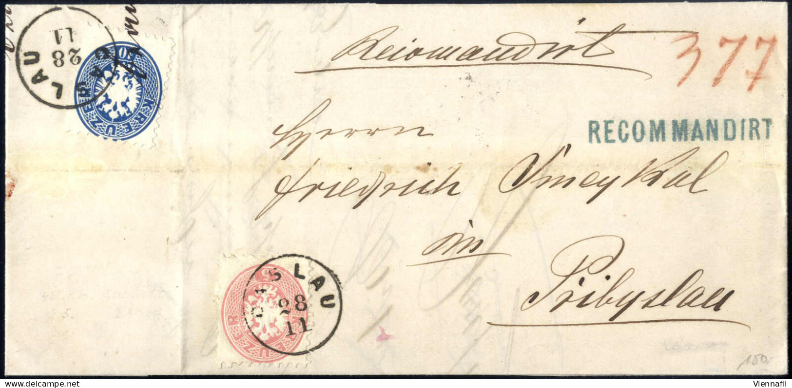 Cover 1866, Eingeschriebener Brief Aus Caslau Vom 28.11. Nach Pribyslau Frankiert Mit 5 Kr. Rosa Und Rückseitig 10 Kr. B - Other & Unclassified