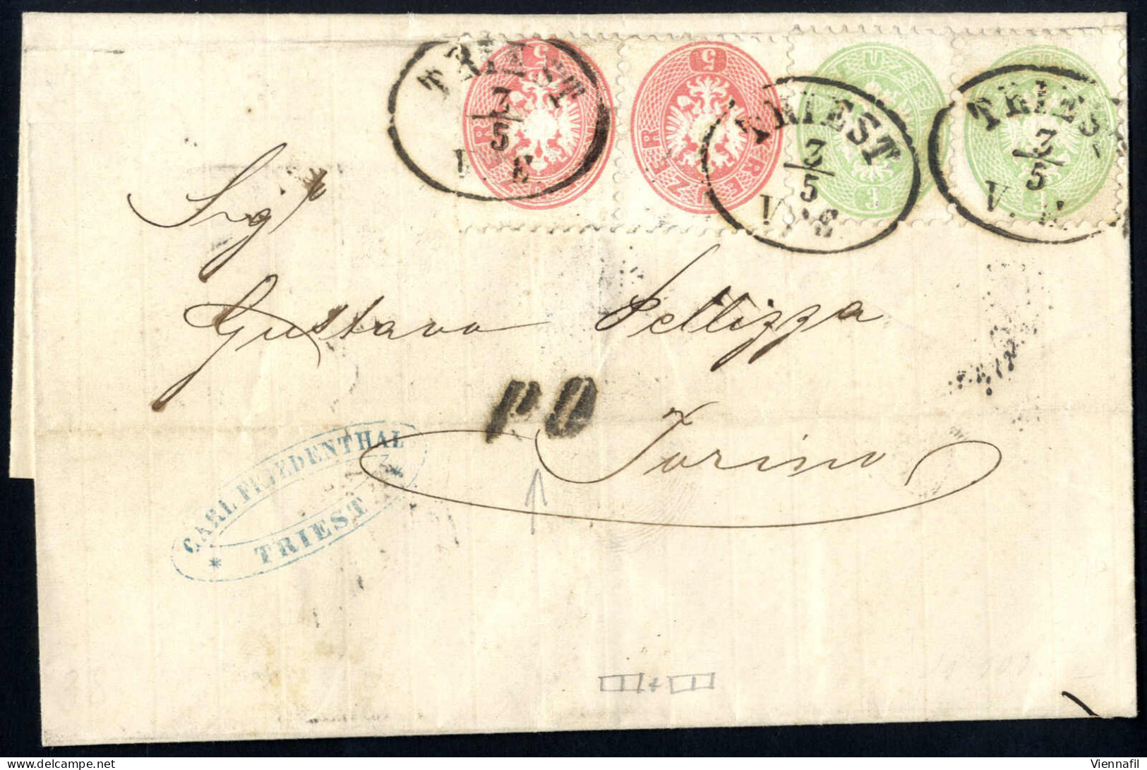 Cover 1867, Brief Vom 3.5.1867 Von Triest Nach Torino, Frankiert Für Das Italienporto Von 16 Kr. Mit Je Einem Waagrechte - Altri & Non Classificati