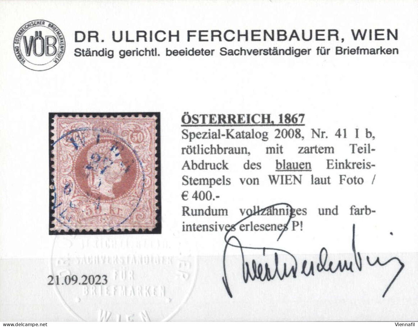 O 1867, 50 Kr. Braun Grober Druck, Mit Blauem Teilstempel Von Wien, Befund Dr. Ferchenbauer, Erlesenes P!, ANK 41 Ib - Sonstige & Ohne Zuordnung