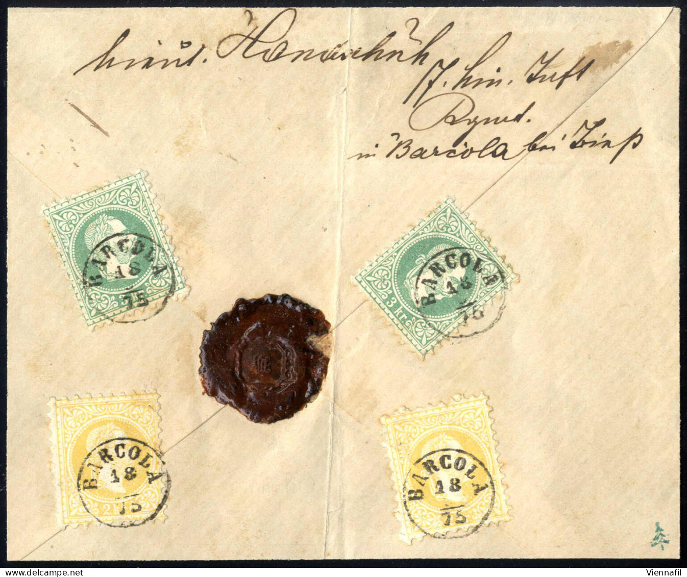 Cover 1875, Briefrückseite Aus Barcola (Fingerhut) Auf Je Zwei 2 Kr. Gelb Und 3 Kr. Grün, Ex Provera, ANK 35,36 - Sonstige & Ohne Zuordnung