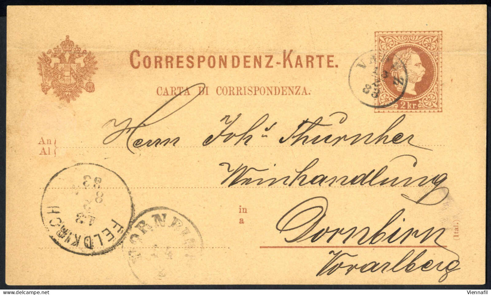 Cover 1883, VADUZ 13/2/83, Fingerhutstpl., Auf 2 Kr. Gs.-Pk. Gesendet über Feldkirch Nach Dornbirn, Karte Oben Bügig - Other & Unclassified