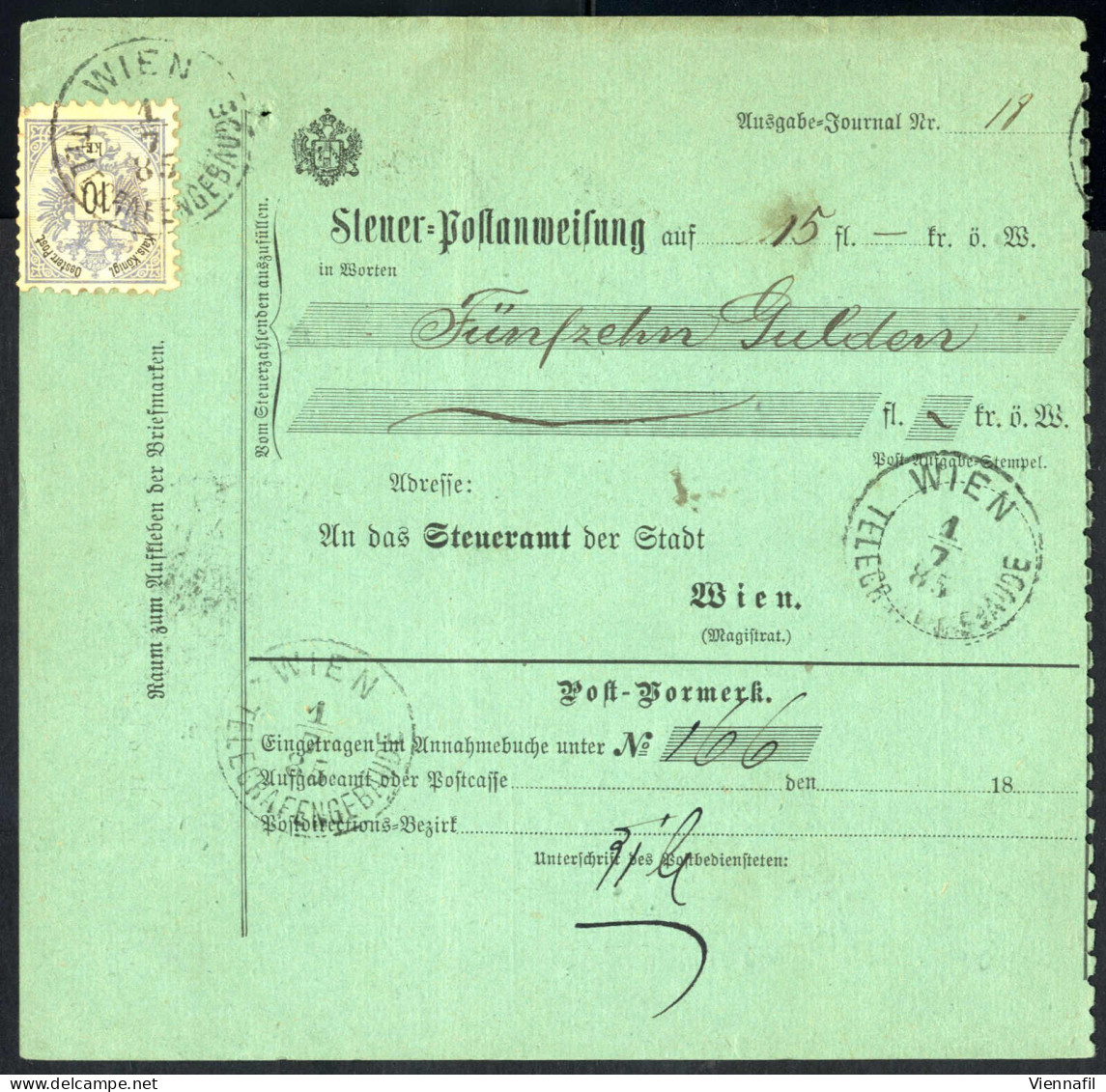 Cover 1885, WIEN, 2 Steuer-Postanweisungen Mit 5 Bzw. 10 Kr. Frankiert, Kat. Nr.46, 47 - Autres & Non Classés