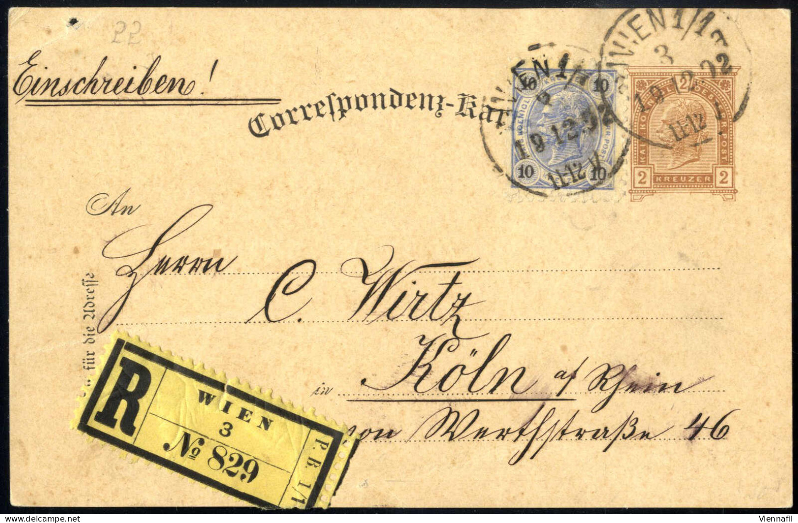 Cover 1892, WIEN, Rekommandierte Correspondenz-Karte, Mit Bildseitigem Zudruck "Internationale Musik- Und Theaterausstel - Sonstige & Ohne Zuordnung