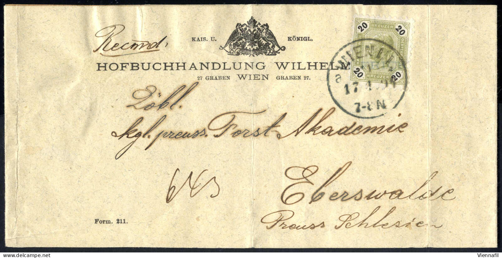 Cover 1894, Wien, 20 Kr. Auf Rekom. Drucksachen-Werbeschleife, Ges. Nach Eberswalde (Preuss. Schlesien), Selten - Other & Unclassified