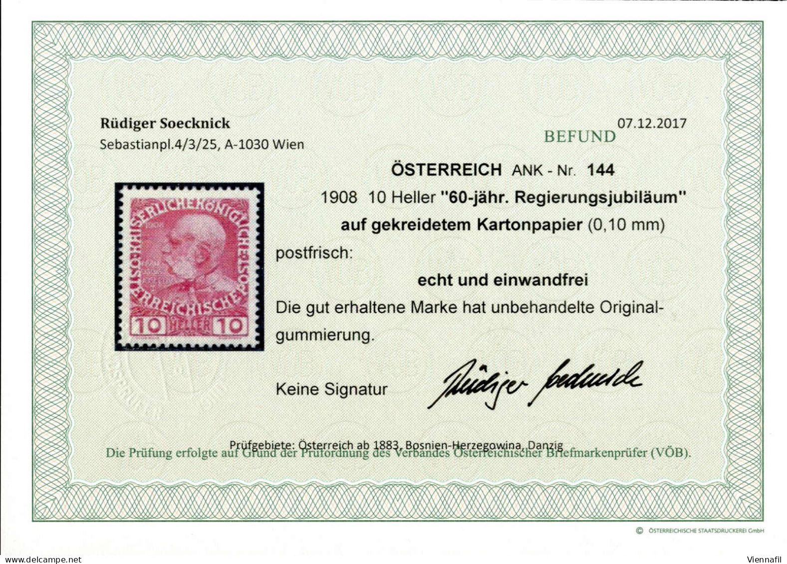 ** 1908/13, Jubiläumsausgabe, 10 H. Lilarosa Auf Gekreidetem Kartonpapier, Postfrisch, Befund Soecknick, ANK 144y / 600, - Andere & Zonder Classificatie