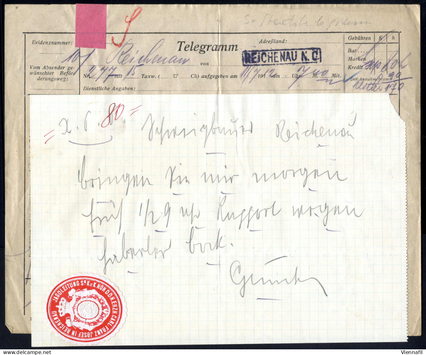 Cover 1912, REICHENAU, 2 Staatstelegramme Vom Jäger (Kaiser) Karl, Je Mit Rotem Siegel "JAGDLEITUNG Sr. K.u.K.HOH. D.D.H - Autres & Non Classés