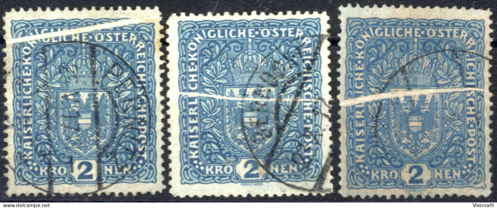 O 1917, 2 Kronen Wappen, Drei Gestempelte Exemplare Mit Markanter Quetschfalte, Eines Auf Grauem Stichtiefdruckpapier, A - Other & Unclassified