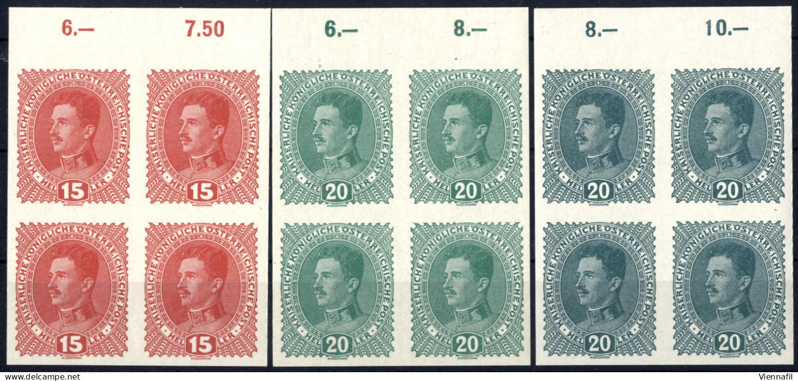 **/pair 1917/18, Kaiser Karl I, Komplette Serie (20 Heller In Hell- Und Blaugrün) 5 Werte In Viererblöcken Vom Oberrand, - Autres & Non Classés