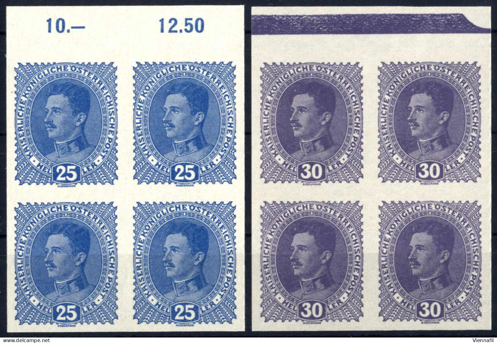 **/pair 1917/18, Kaiser Karl I, Komplette Serie (20 Heller In Hell- Und Blaugrün) 5 Werte In Viererblöcken Vom Oberrand, - Sonstige & Ohne Zuordnung