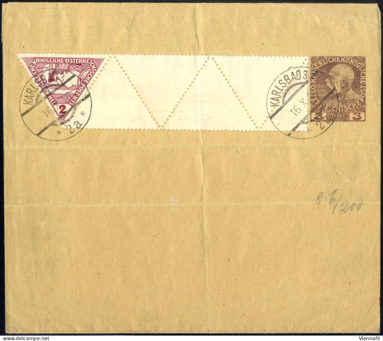 Cover 1918, Streifband 3 H Rotlila Mit Zusatzfrankatur Eilmarke 2 H Lilarot/gelb Mit 4 Leerfeldern In Markenhöhe Von Kar - Autres & Non Classés