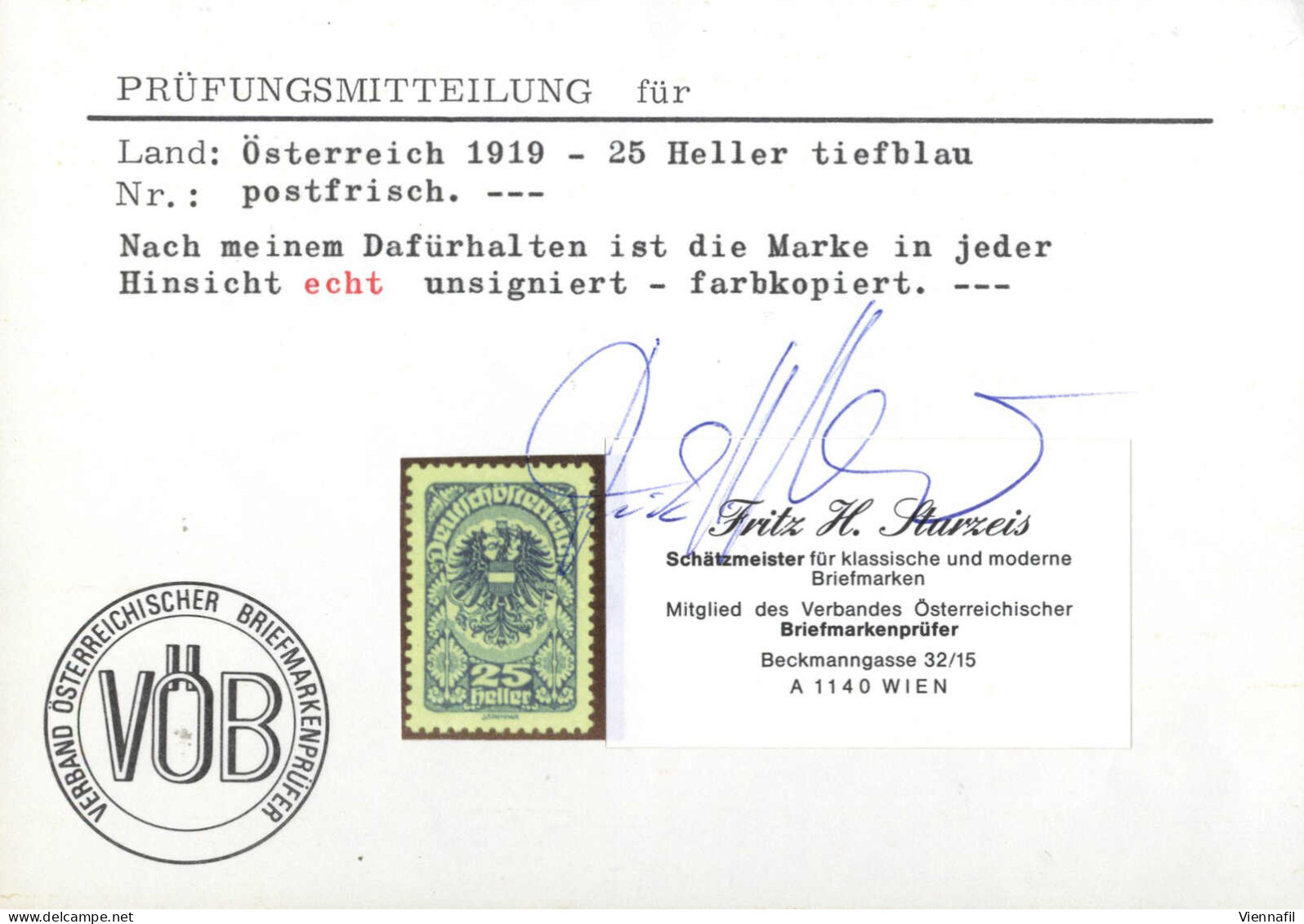 ** 1919/20, 25 Heller Tiefblau, Postfrisch, Attest Sturzeis, ANK 265xc - Other & Unclassified