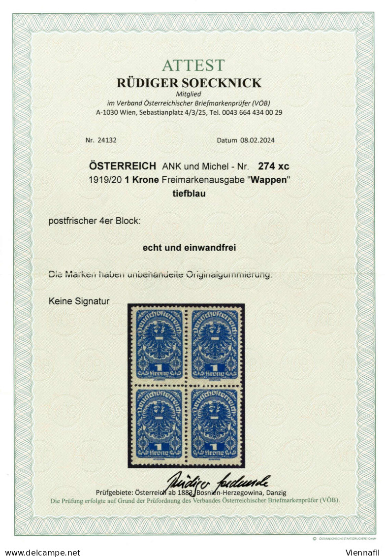 **/bof 1919/20, Freimarkenausgabe Wappen, 1 Krone In Den Farben Tiefblau, Hellblau Und Dunkelblau, Drei Postfrische Vier - Sonstige & Ohne Zuordnung