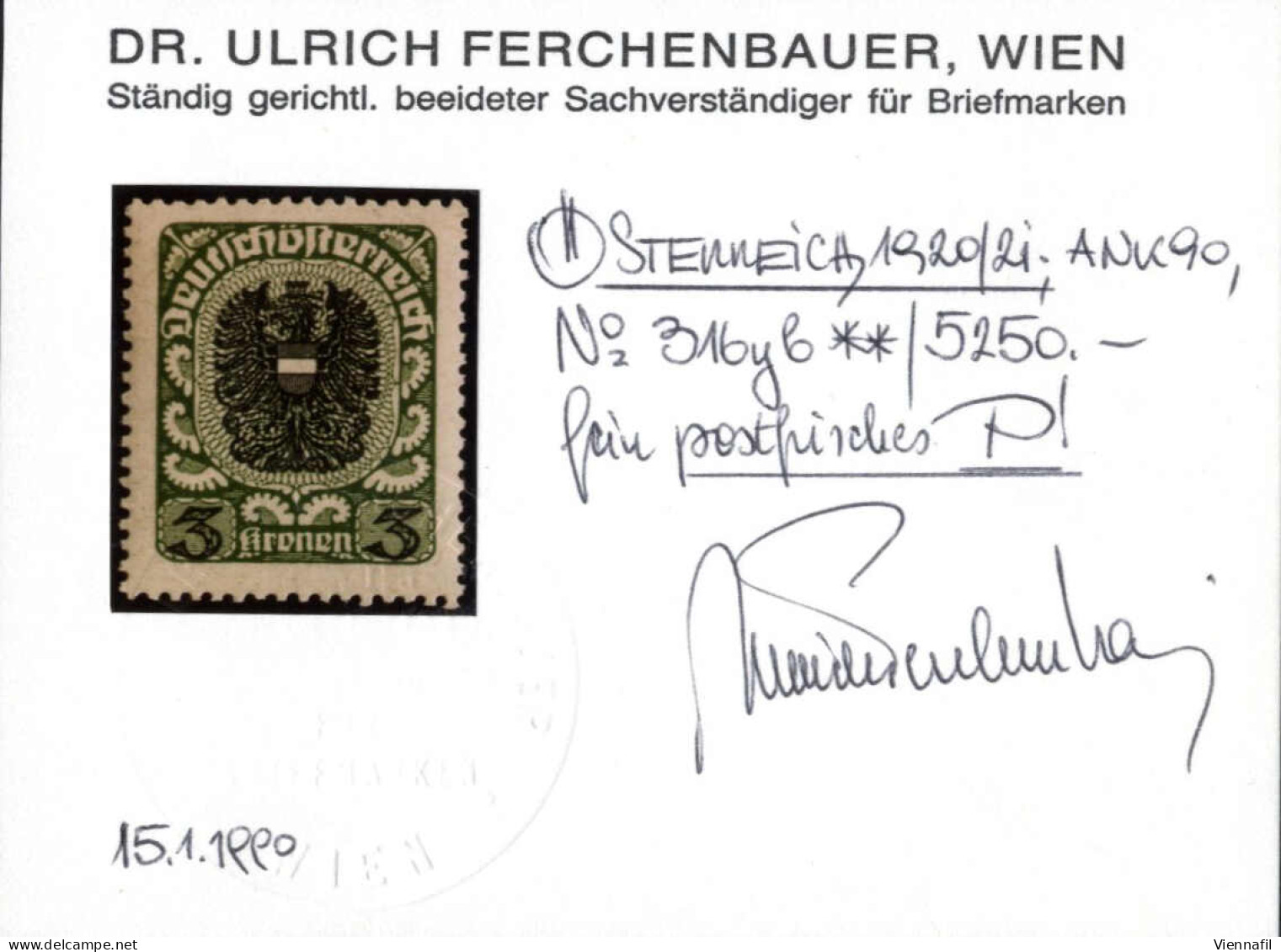 ** 1920/21, 3 Kronen Dickes Graues Papier Dunkelgrün/schwarzgrün, Postfrisch, Attest Ferchenbauer, ANK 316yb - Autres & Non Classés
