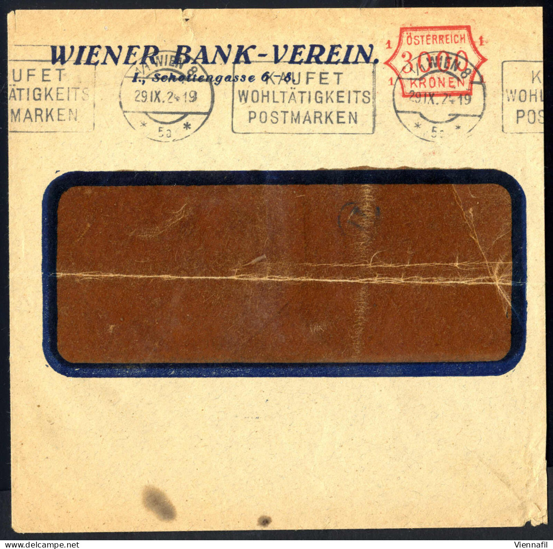Cover 1924, WIEN, "ÖSTERREICH 3000 KRONEN", Freistempel-Vorläufer Auf Fensterkuvert Mit Firmeneindruck "WIENER BANK-VERE - Sonstige & Ohne Zuordnung