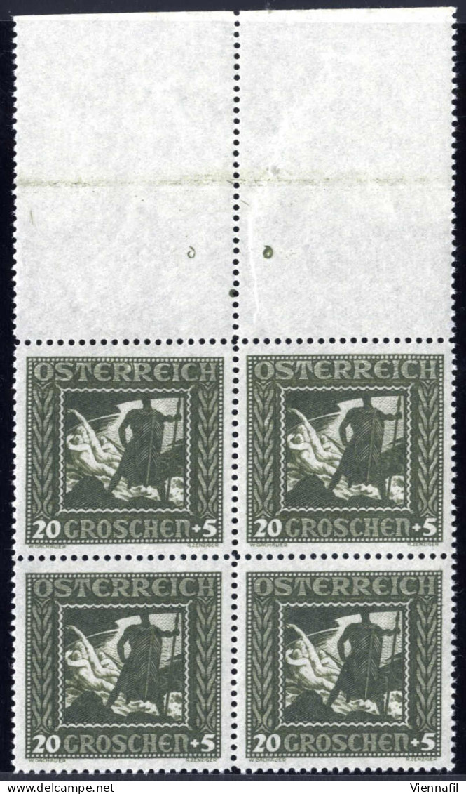 **/bof 1926, Nibelungen, 20 + 5 Gr. Olivgrün Im Breitformatigem Oberrand- Viererblock Mit Plattennummer, Postfrisch, ANK - Other & Unclassified
