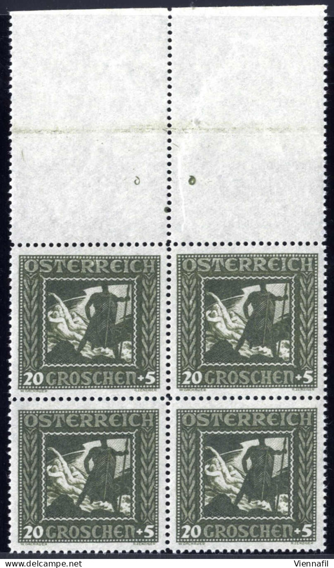 **/bof 1926, Nibelungen, 20 + 5 Gr. Olivgrün Im Breitformatigem Oberrand- Viererblock Mit Plattennummer, Postfrisch, ANK - Autres & Non Classés