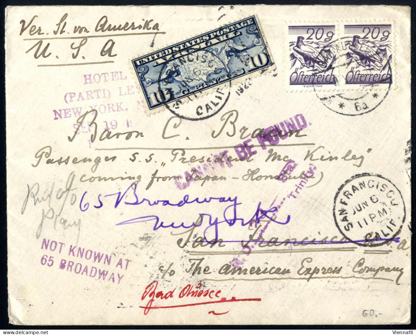 Cover 1928, Brief Vom 9.5.1928 Von Bad Aussee Nach San Francisco (Californien) (Vermerk "Passenger S.S. President Mc Kin - Other & Unclassified