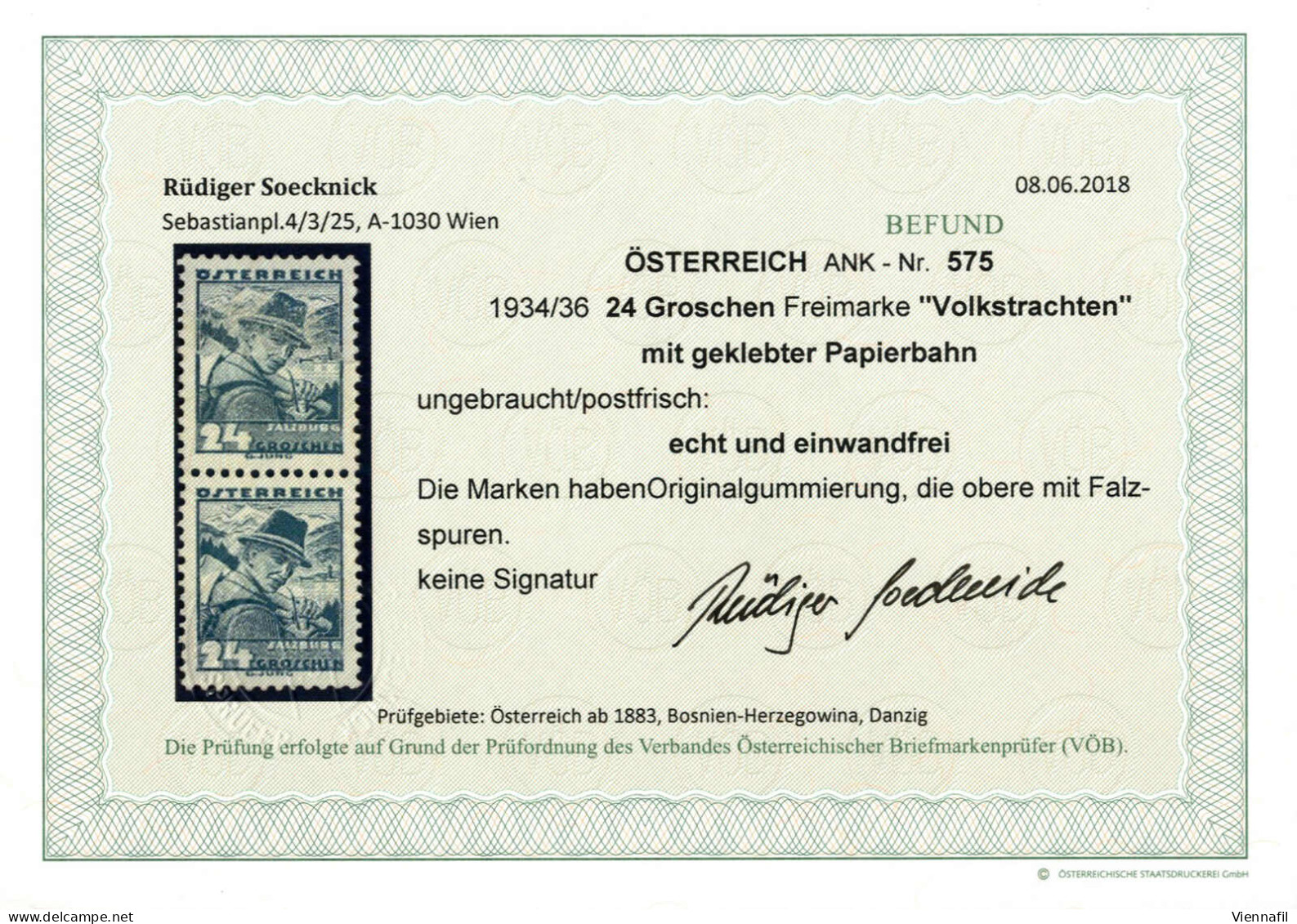 **/* 1934/36, 24 Groschen, Freimarkenausgabe VOLKSTRACHTEN, Mit Geklebter Papierbahn, Befund Soecknick, Kat. Nr. 575 Obe - Altri & Non Classificati