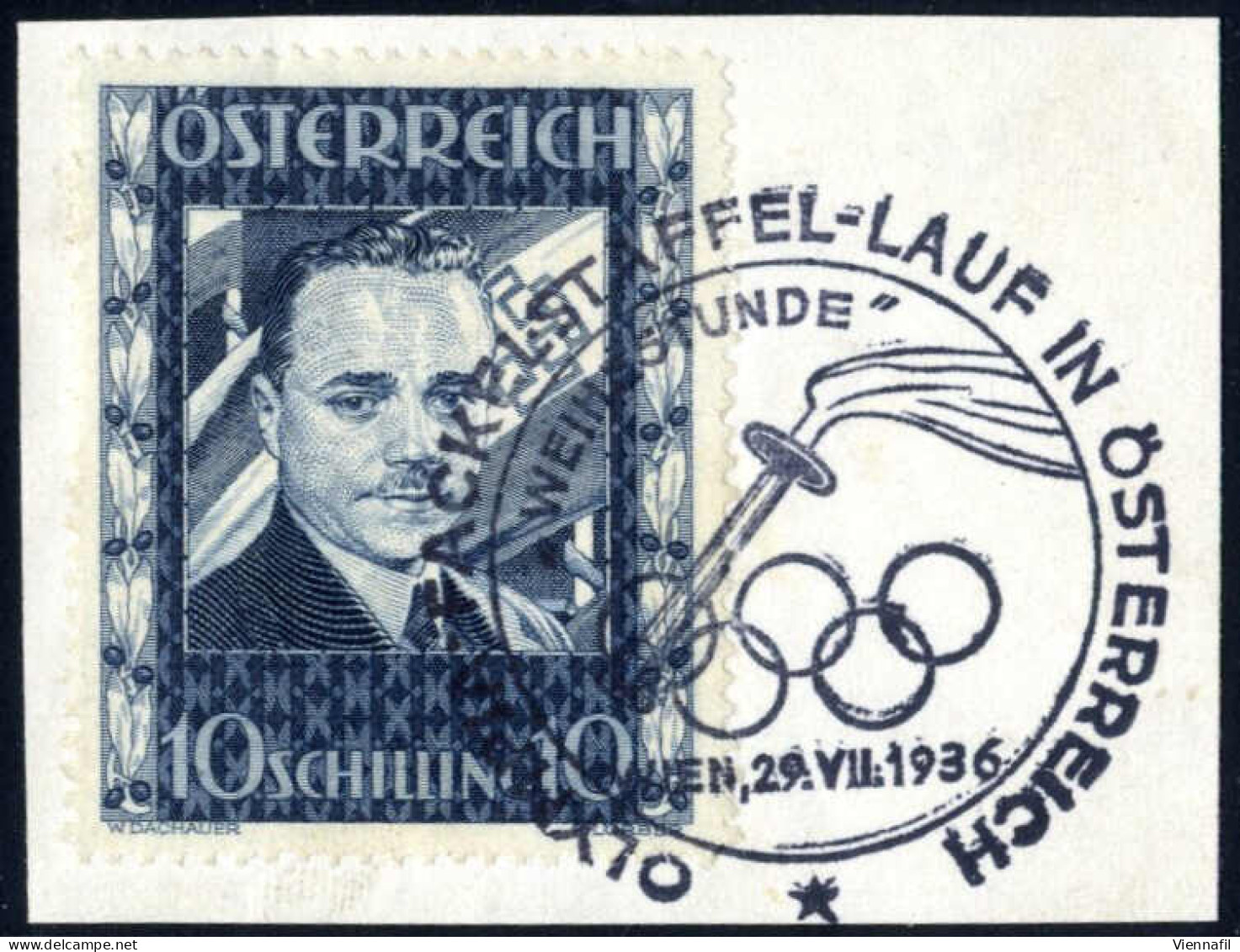 Piece 1936, 10 Schilling "Dollfuß" Dunkelblau Auf Briefstück; Dekorativ Mit Dem Sonderstempel "OLYMPIA FACKELSTAFFEL-LAU - Autres & Non Classés